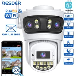 BESDER 15MP Wifi IP Camera PTZ 10MP Three Screen 180° Wide Angle Outdoor Auto Tracking 8MP CCTV Security Protection O-Kam Pro