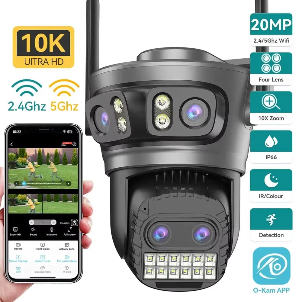 20MP 8K Four Lens Three Screens 10X Zoom PTZ Wifi IP Camera 10MP 5K Dual Lens Dual Screens Auto Tracking Outdoor Camera 5G WIFI
