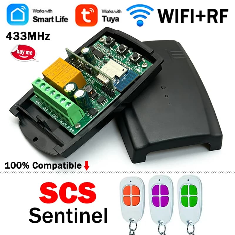 New SCS SENTINEL Tuya Smart Switch Module 2CH WIFI Garage Remote Control Receiver AC/DC 7-32V 85-250V 433.92MHz Radio Controller