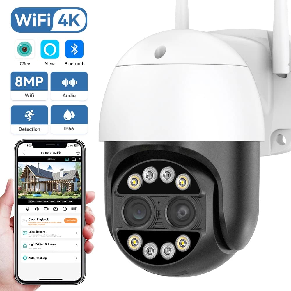 8MP PTZ WIFI Camera Dual-Lens 8XDigital Zoom Waterproof Outdoor Two-Way Audio Surveillance Wireless IP Camera ICSEE ONVIF