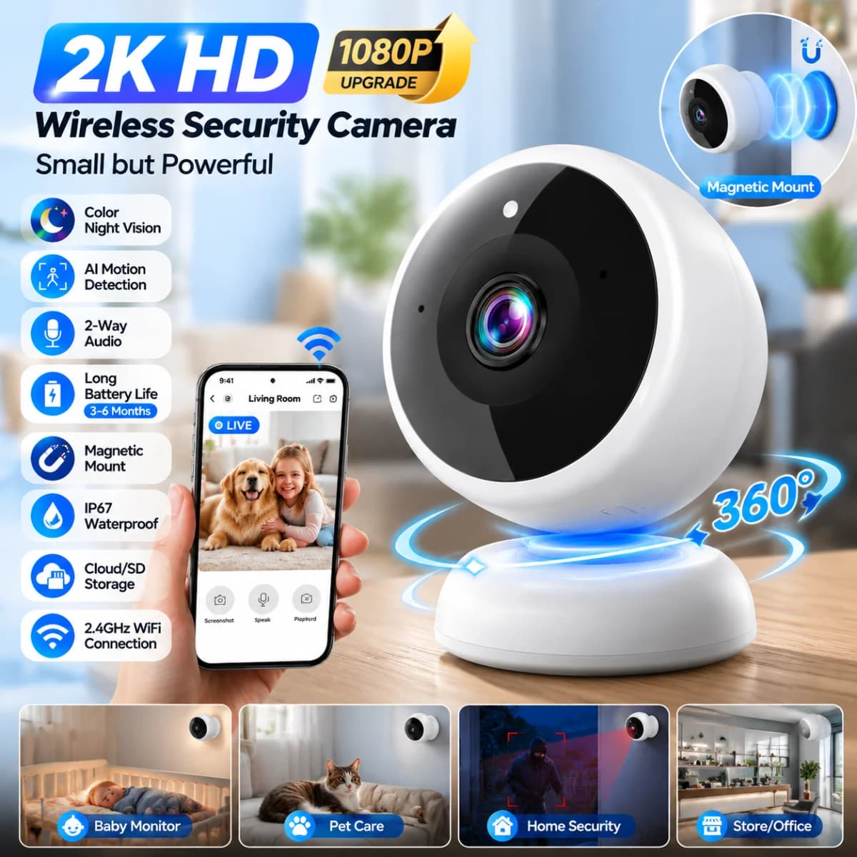 5MP 2K Magnetic Battery Security Camera Wireless WiFi Camera AI Motion Detection Indoor Outdoor HD CCTV Home Surveillance