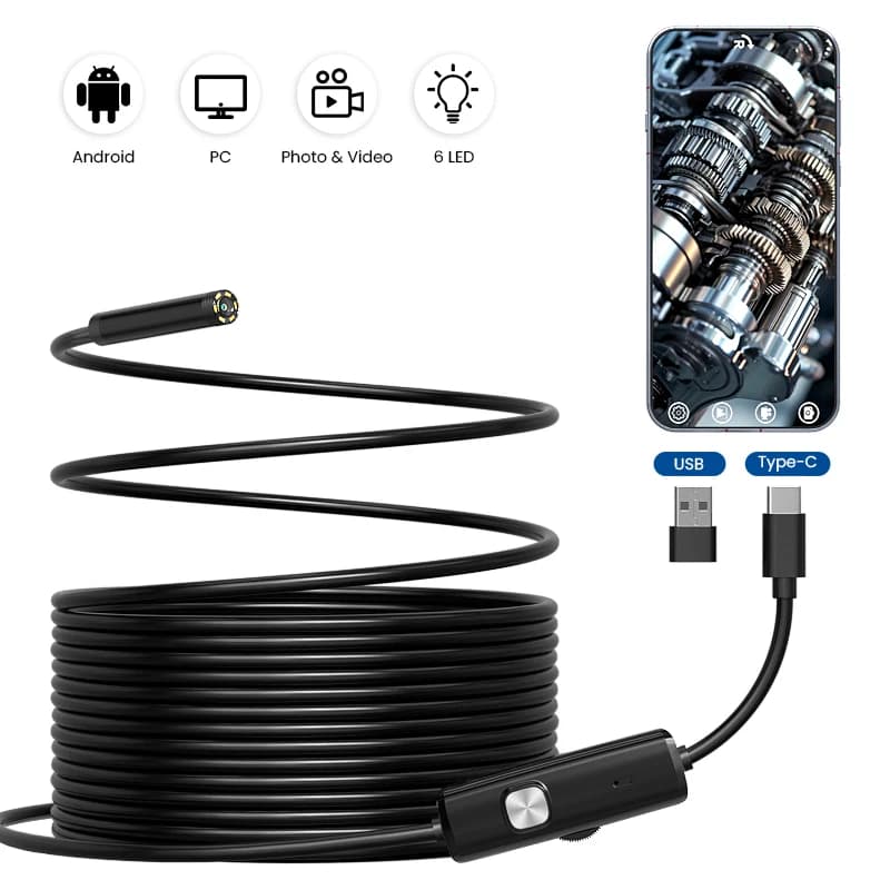 TYPE-C Android Endoscope Camera 7MM/5.5MM Lens Waterproof Probe USB-C Car Inspection Borescope with 6LEDs for Android Phones PC
