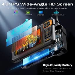 Borescope Dual Lens Endoscope with Light 4.3" IPS 1920P HD Inspection Camera 7.9mm IP67 16.4FT Semi-Rigid Snake Cable for Sewer