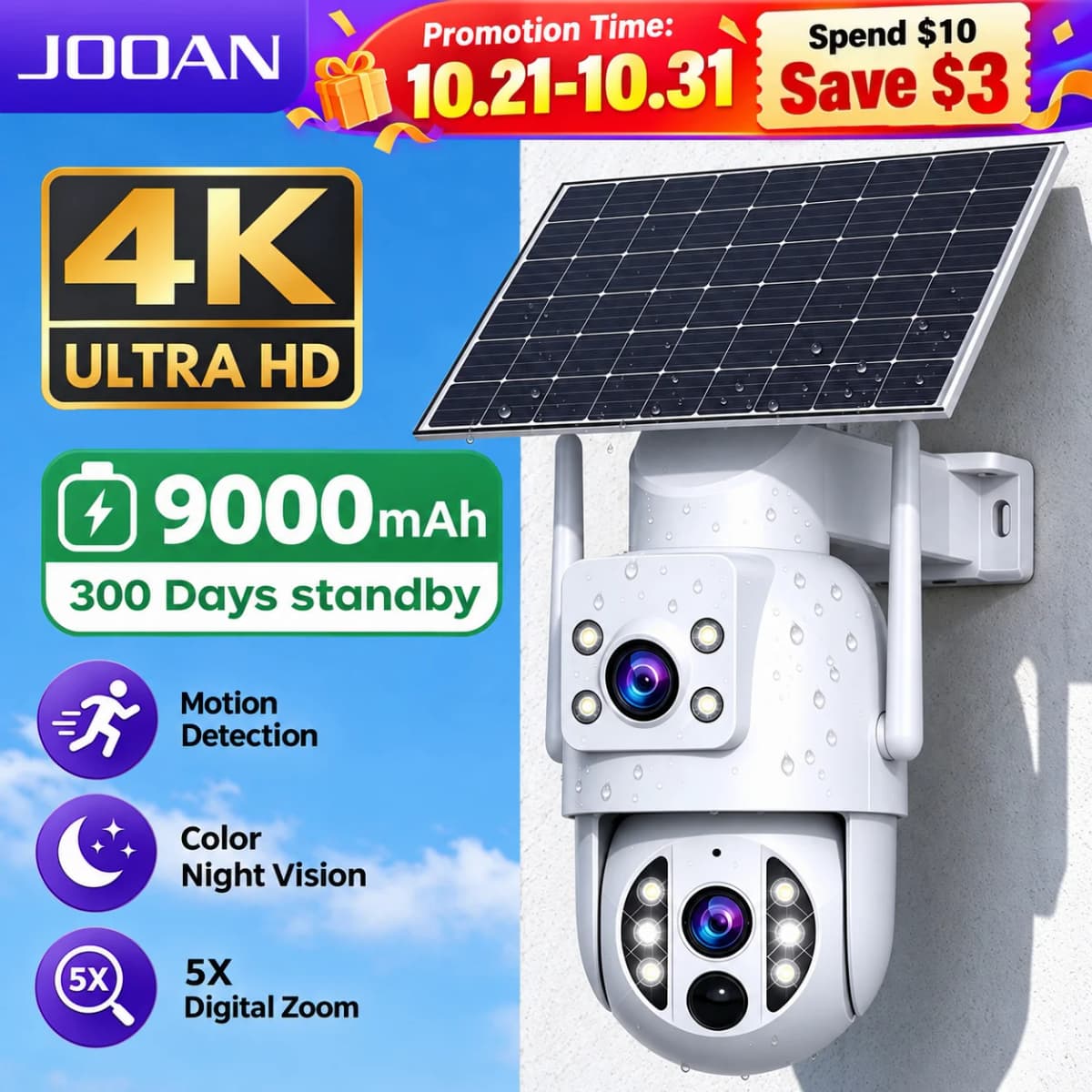 JOOAN 4K Outdoor Solar WiFi Camera Dual Lens Motion Detection Night Vision Low Power Battery IP Camera CCTV Security Protection