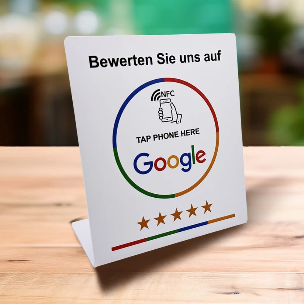 NFC Tap Card Stand German French Spanish English 4 Version Google Review NFC Stand NFC Table Display for Restaurant