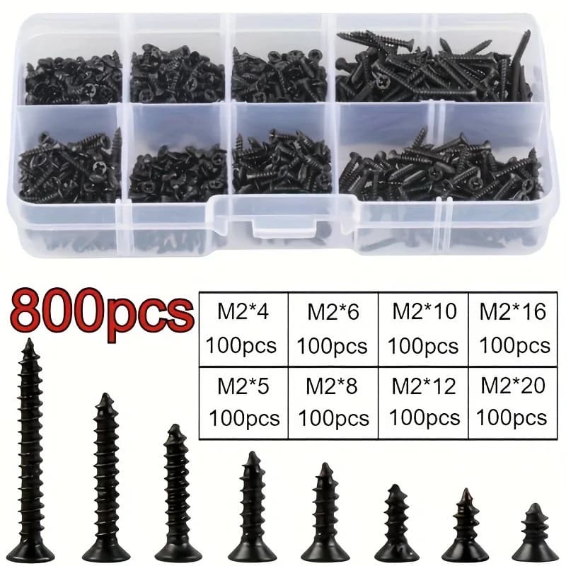 400/800PCS M2 Carbon Steel Phillips Countersunk Self-Tapping Screws - 8 Types of Screws in Box, Black KA Set