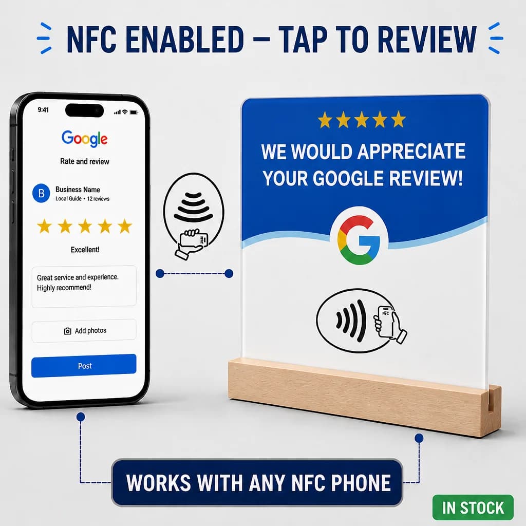 4-pack Acrylic NFC Google Review Card 12x12cm with Wooden Stand Tap to Leave 5-Star Review Sign for Tabletop Counter Display