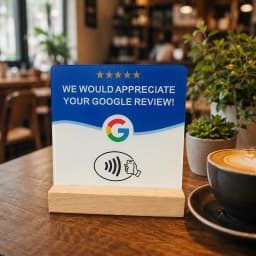 4-pack Acrylic NFC Google Review Card 12x12cm with Wooden Stand Tap to Leave 5-Star Review Sign for Tabletop Counter Display