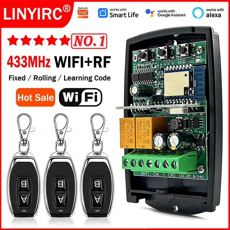 Universal Works With Tuya 433MHz Garage Gate Remote Control Receiver 433.92MHz Fixed Rolling Code Wifi Smart Switch Module Relay