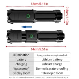 Compact USB Charging LED Flashlight Portable Telescopic Zoom Strong Light Focused Long-Range Household Emergency Lighting