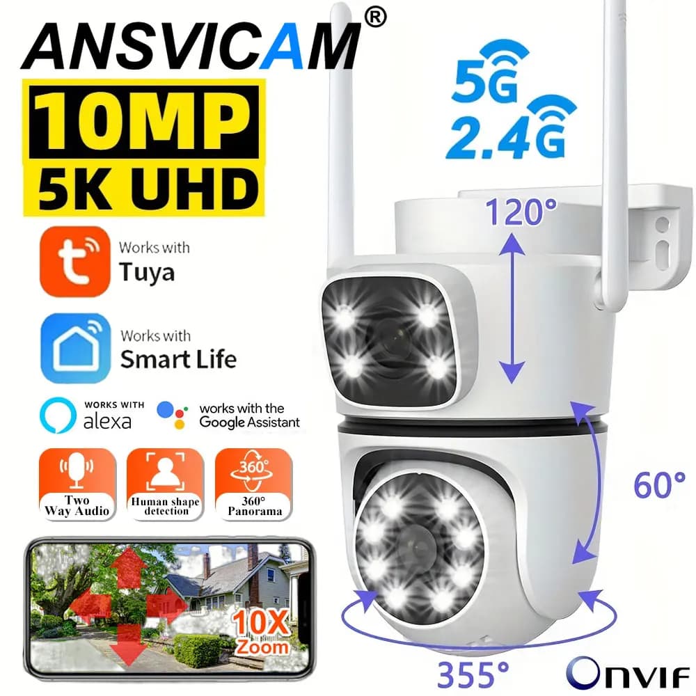 Tuya 4K WiFi Surveillance Camera 5G Wifi Outdoor 5K Dual Lens PTZ IP Cameras Auto Tracking ONVIF Security CCTV Camera with Alexa