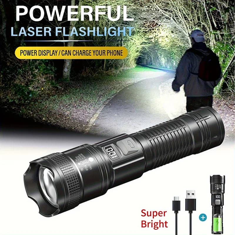 Rechargeable LED Flashlight Zoomable Torch with LCD Display 3 Modes Waterproof High Power Hand Light Outdoor Wilderness Camping