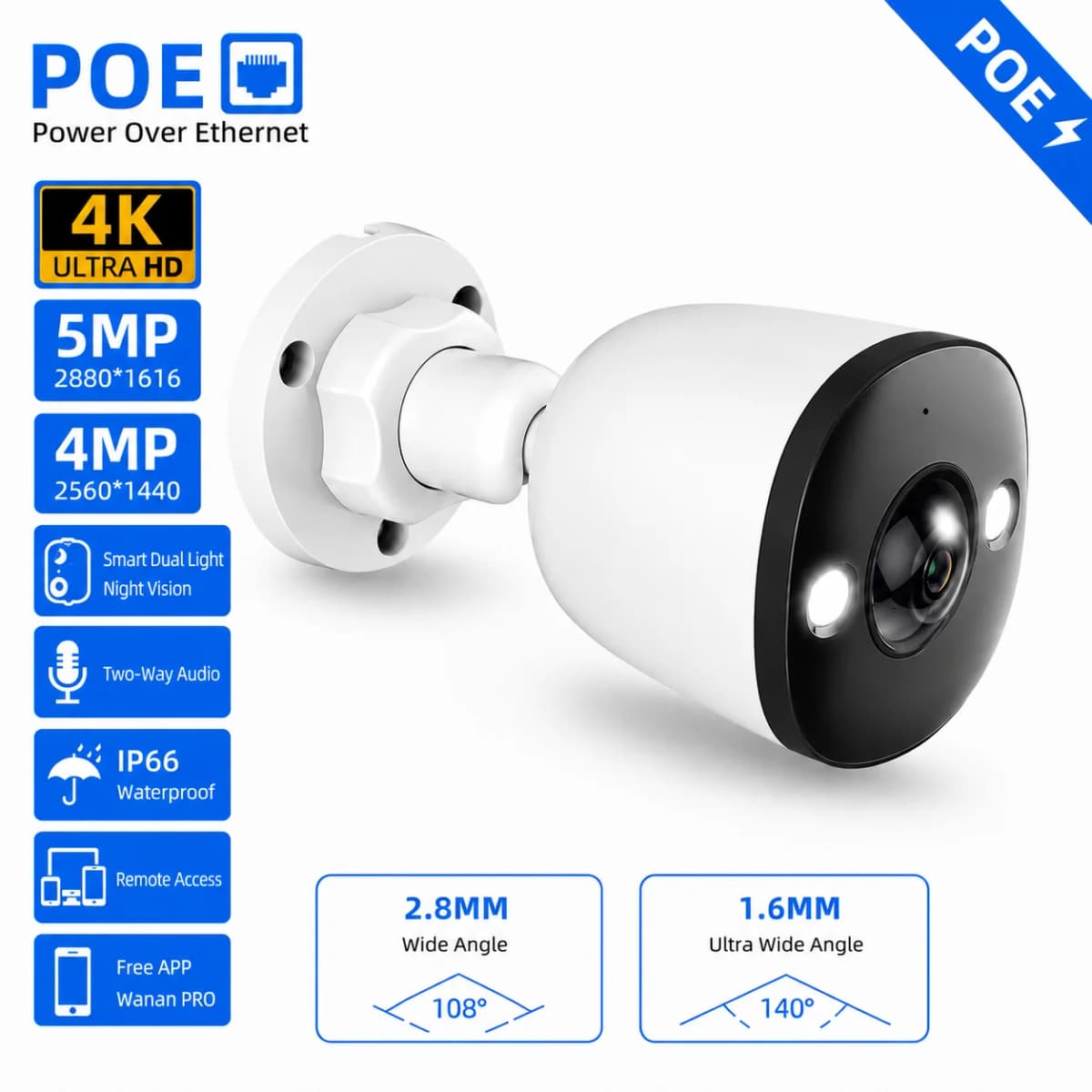 4K POE Security Camera Ultra-Wide-Angle 1.6MM/2.8MM ONVIF IP66 Outdoor CCTV Camera Dual Light Night Vision 4MP 5MP Built-in Mic