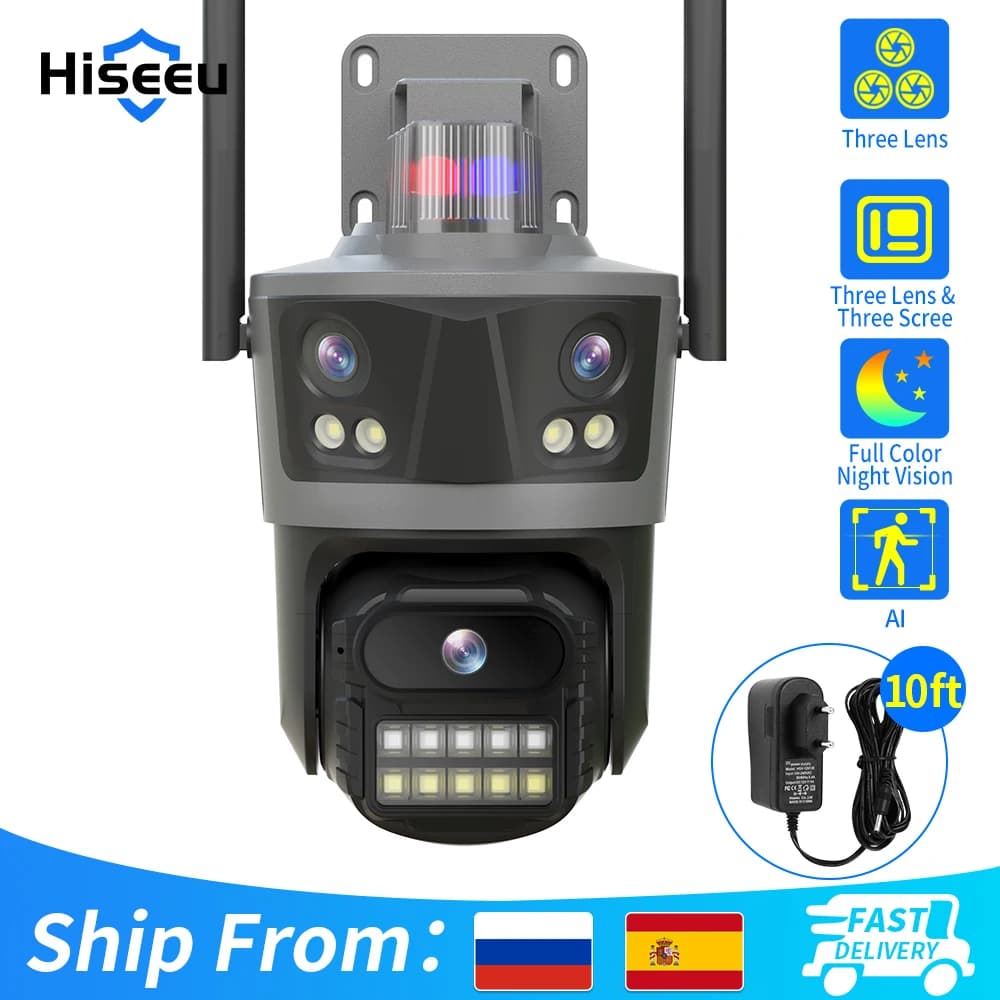 Hiseeu Three Lens PTZ IP Camera Outdoor 8MP HD Three Screen WiFi Security Auto Tracking Dual Len Wireless CCTV Camera ICsee