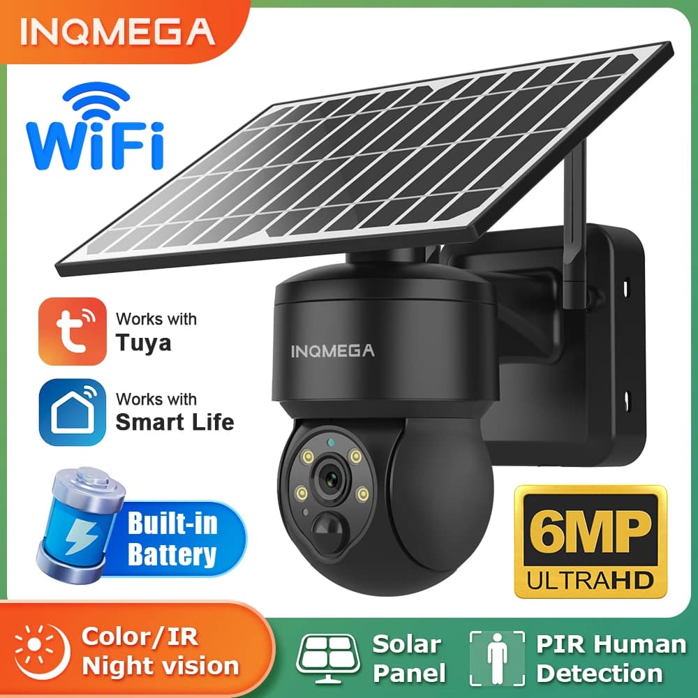 INQMEGA Tuya Smart Life 6MP Solar Camera WiFi PTZ Security CCTV Camera Wireless PIR Human Tracking Color Night Vision IP65