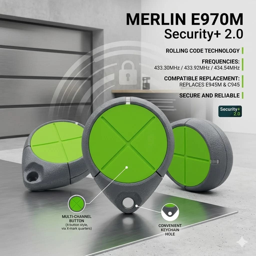 Merlin E970M Garage Door Remote Control Security+ 2.0 Rolling Code Replaces E945M & C945 Gate Opener