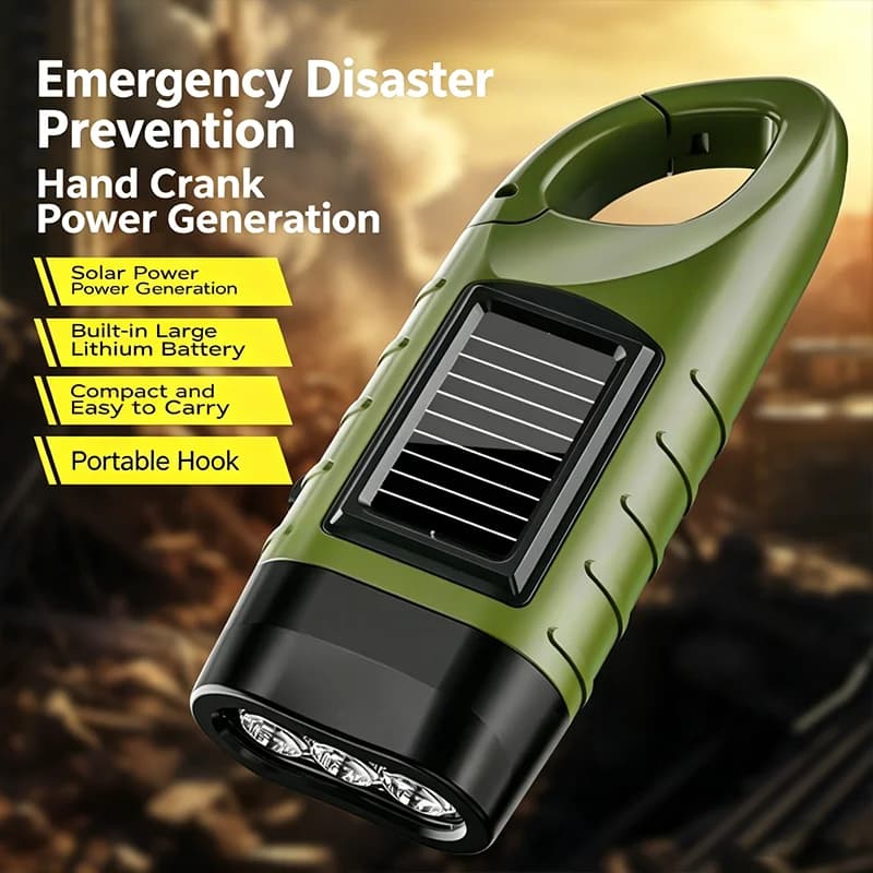 Multi-functional Solar Hand-Crank Rechargeable Emergency Flashlight with Strong Light for Outdoor Use