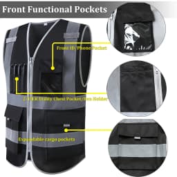 Hi Vis Work Vest Construction Building Vest Workwear Clothing Work Vest Multi Pocket Black Vest