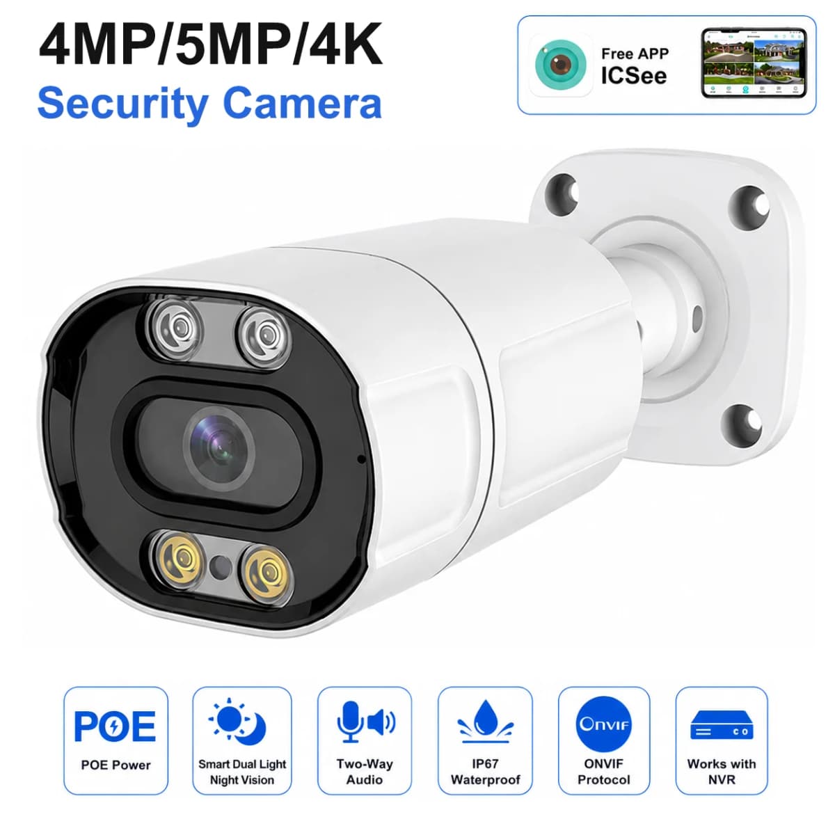 POE IP Security Camera 4MP 5MP 4K Smart Dual Light Night Vision Two Way Audio ONVIF IP67 Waterproof NVR ICSee App