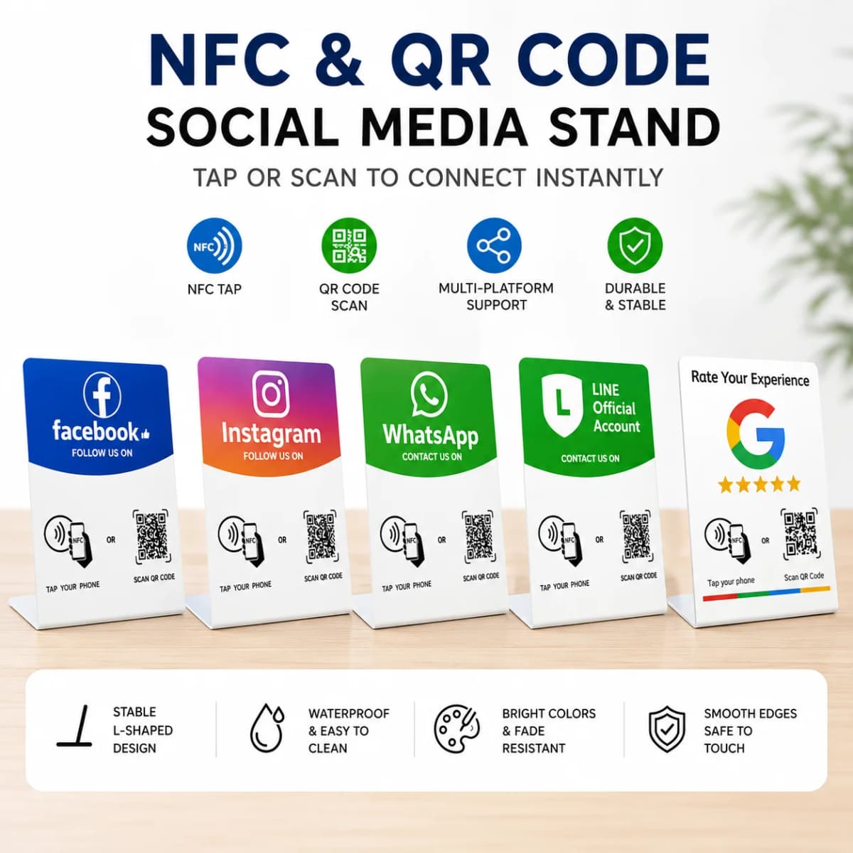 NFC QR Code Social Media Stand Multi Platform PVC Display Sign for Instagram WhatsApp Facebook LINE Google Review Card