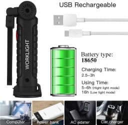 High Power LED Work Light 5 Lighting Mode Rechargeable Flashlight Inspection Lamp with Magnetic Power Bank 18650 Battery Torch