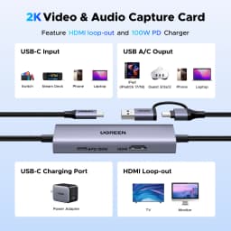 UGREEN Type C USB-C HDMI Video Capture Card with HDMI Zero-Latency Pass-Through, 100W PD Charging, 4K@30Hz Recording, Streaming