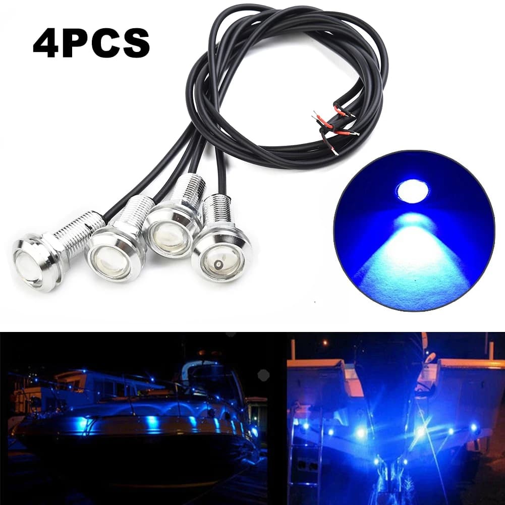 4Pcs Marine Boat LED Light Blue Stern Light Round LED Tail Lamp Silver Waterproof Underwater Runner Side Marker Lights