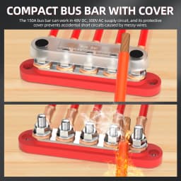 DaierTek Bus Bar 12V Power Distribution Block with Cover 5 X 1/4' Studs Terminal Block Max 150A 48VDC Positive Negative for Auto