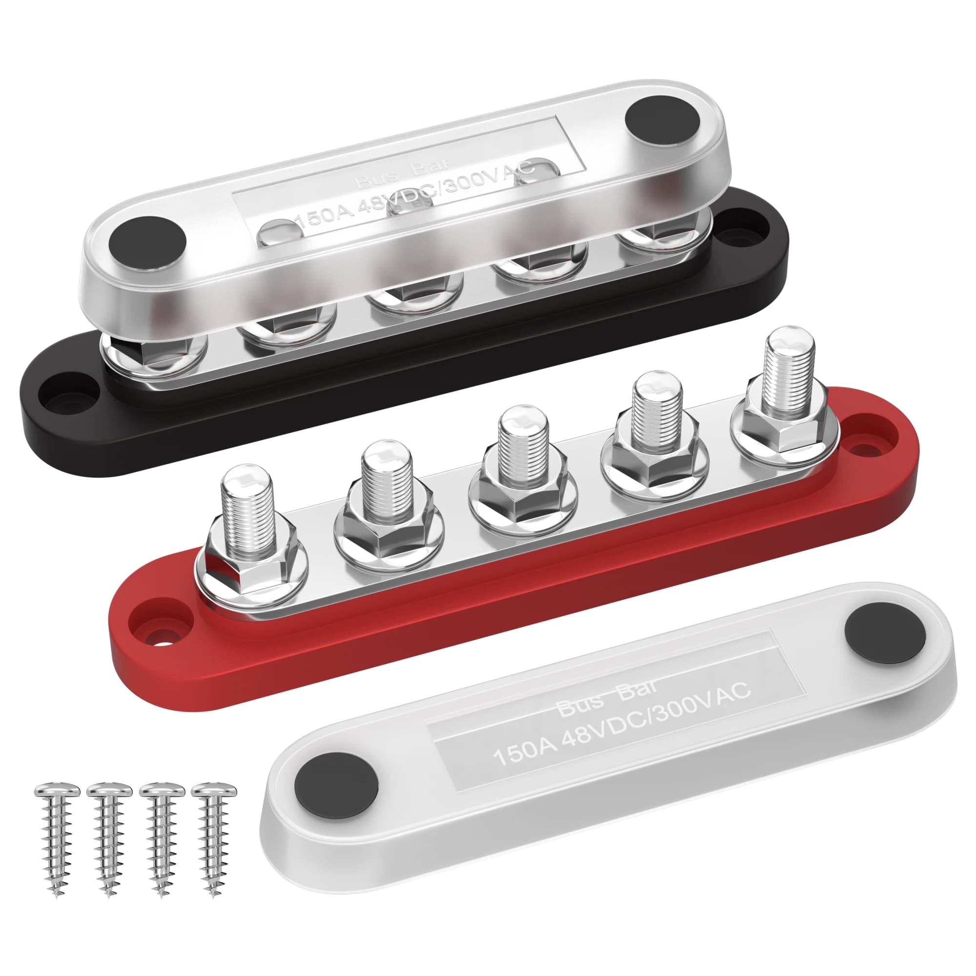 DaierTek Bus Bar 12V Power Distribution Block with Cover 5 X 1/4' Studs Terminal Block Max 150A 48VDC Positive Negative for Auto