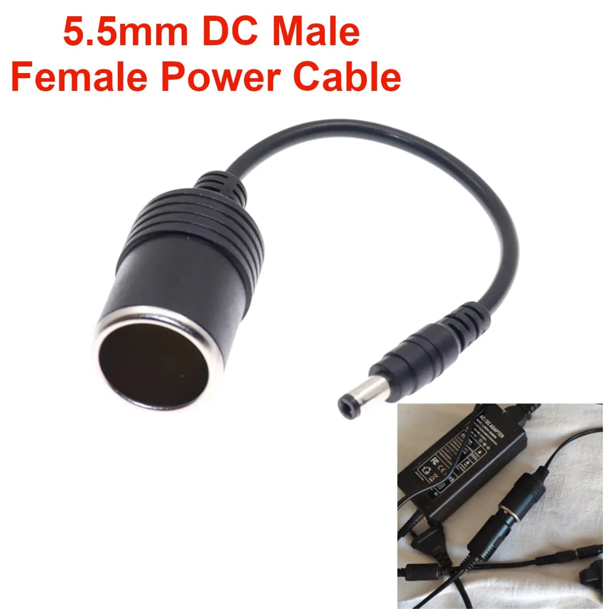 30CM 12V 24V DC 5.5x2.1mm Male Female Plug Connector to Car Cigarette Lighter Socket Power Adapter Cable