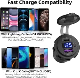 USB C Car Charger Socket 12V/24V Dual USB Socket PD3.0 and QC3.0 Car USB Port With LED Voltmeter and On/Off Switch