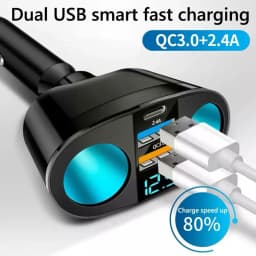 Car Cigarette Lighter 12V-24V Socket Splitter Blue Atmosphere Light PD QC3.0 2 USB Charger C Ports For Mobile Phone DVR Cha H4P2