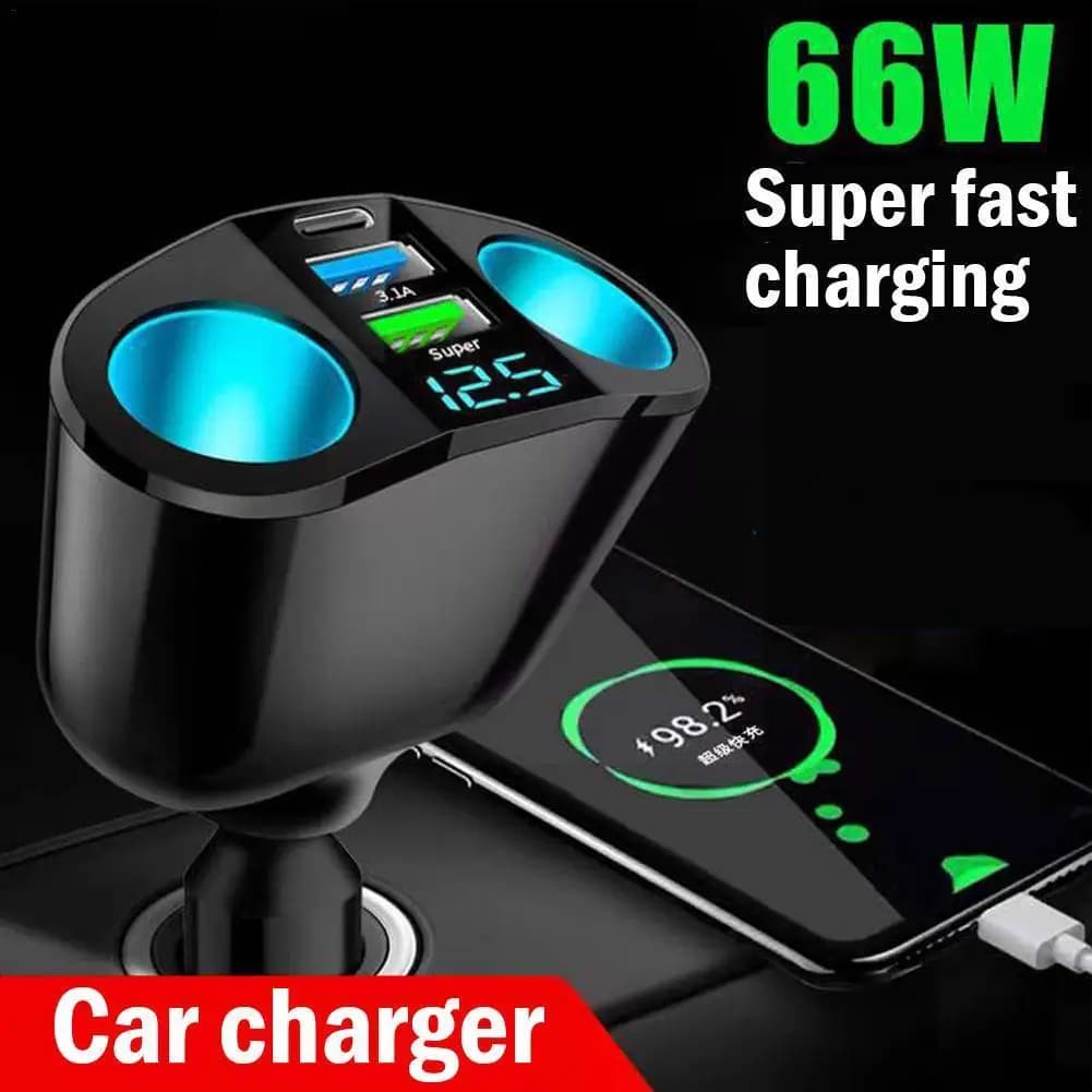 Car Cigarette Lighter 12V-24V Socket Splitter Blue Atmosphere Light PD QC3.0 2 USB Charger C Ports For Mobile Phone DVR Cha H4P2