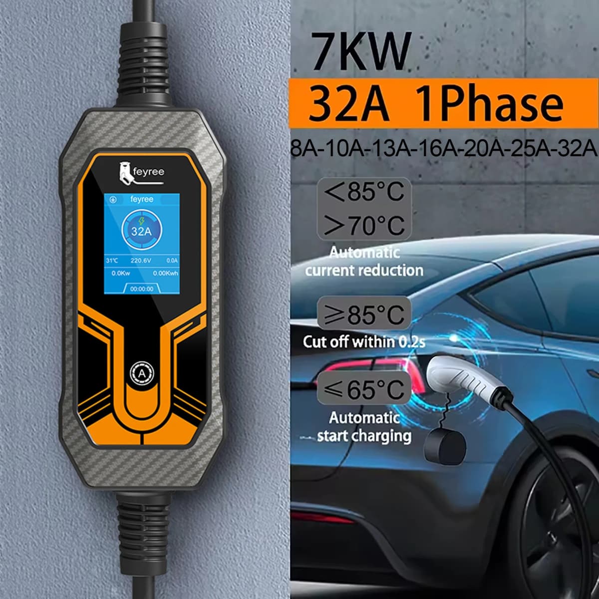 Feyree Portable EV Charger Wallbox Type2 Cable 32A 7KW with CEE Plug EVSE Type1 Charging Box J1772 Adapter for Electric Vehicle