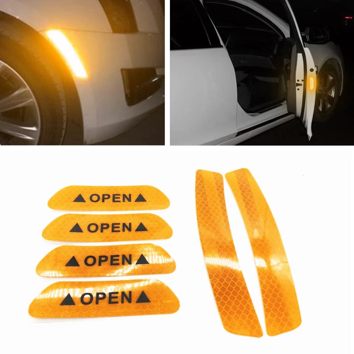6PCS Car Door Warning Decal Sticker OPEN Reflective Yellow Anti-collision Cover Trim