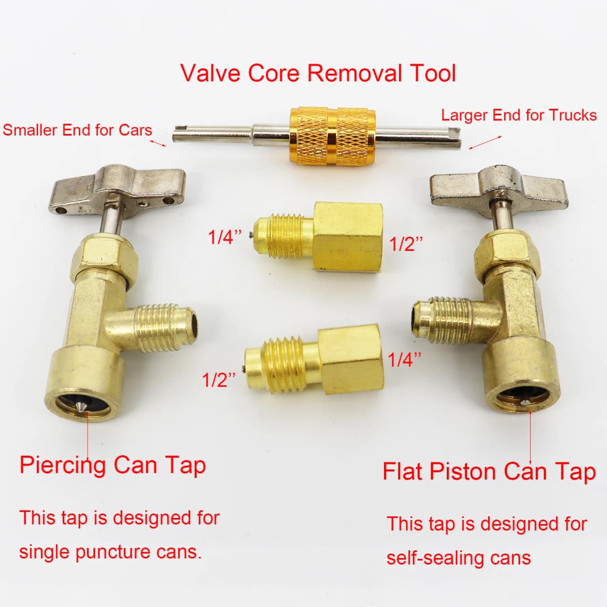 R134A Self-Sealing and Single Puncture Can Taps with Valve Core Removal Tool Self-Sealing and Puncture Style Refrigerant Can Tap
