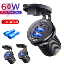 Aluminum 60W USB Charger Socket Fast Charge 12V/24V USB C Car Charger Socket PD and QC3.0 Dual USB Ports for Car Boat Motorcycle