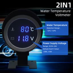 AD Round LCD Digital Display Water Temperature Meter Thermometer Voltmeter Gauge 2in1 Temp Voltage Meter 1/8 10mm Thread Sensor