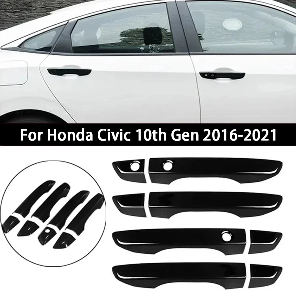 For Honda Civic 10th Gen 2016-2021 Car Carbon Fiber Style Black Exterior Door Handle Moulding Cover Trim W/Keyless Entry LHD