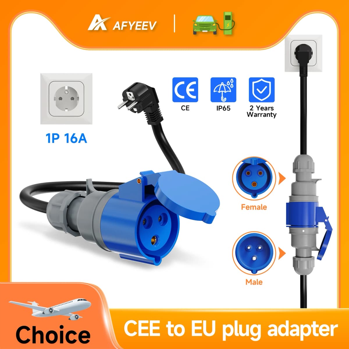 AFYEEV EV Charger CEE Female Plug 3 Pins Bule CEE to Schuko Adapter Wall Socket Extend Cable Connect with 7KW 32A 1Phase Charger