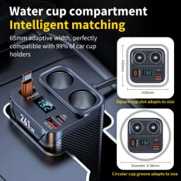 7 in 1 Cigarette Lighter Adapter Cup Holder 261W Car Charger Adapter with PD45W Charge 24V/12V Cigarette Lighter LED Voltmeter