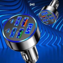 6in1 Car Charger Super Fast Charging 4 USB 2 USB C Multi Port with Voltage Digital Monitor for Car Cigarette Lighter