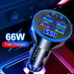 6in1 Car Charger Super Fast Charging 4 USB 2 USB C Multi Port with Voltage Digital Monitor for Car Cigarette Lighter