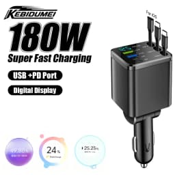 KEBIDUMEI 180W Car Charger PD30W USB 3.1A Phone Charger Digital Display Fast Charging Retractable Cable Adapter Auto Accessories