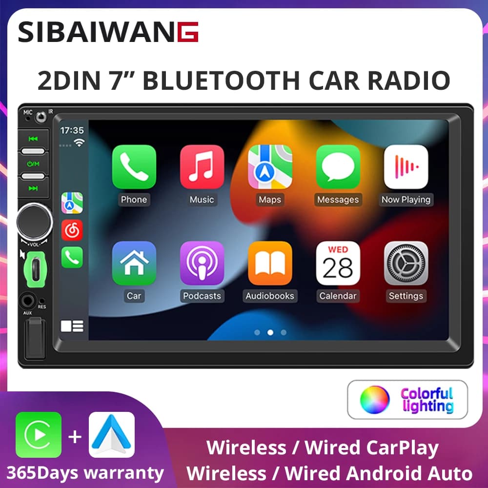 2Din Carplay 7'' Bluetooth Car Radio Wireless Android Auto MP5 Player Type-C Charging FM AUX Stereo Audio Universal MirrorLink