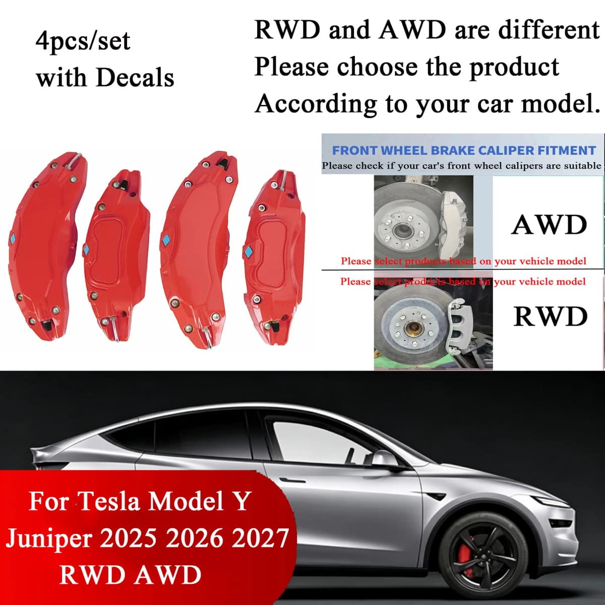 Fit for Tesla Model Y Juniper 2025 2026 Accessories RWD AWD Brake Caliper Covers 4pcs/set Rear All Wheel Drive 18 19 20in Wheels