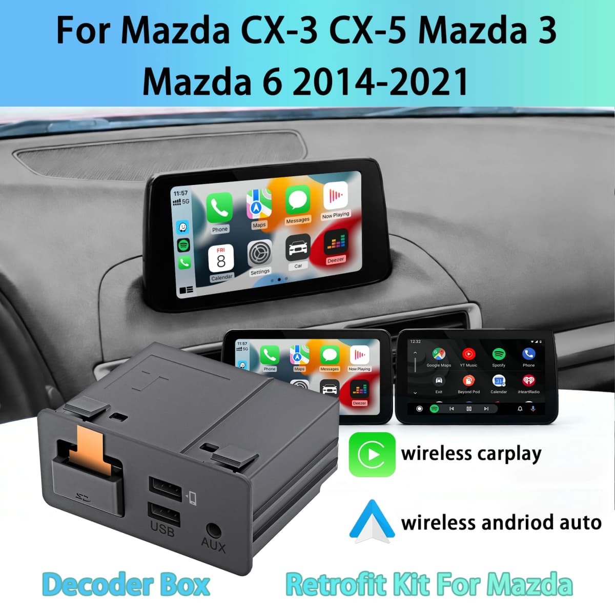 For Mazda Carplay Android Auto Adapter Mazda 2 3 6 CX3 CX5 CX8 CX9 MX5 System Upgrade MZD OEM Fit USB Hub Retrofit Kit TK78669U0
