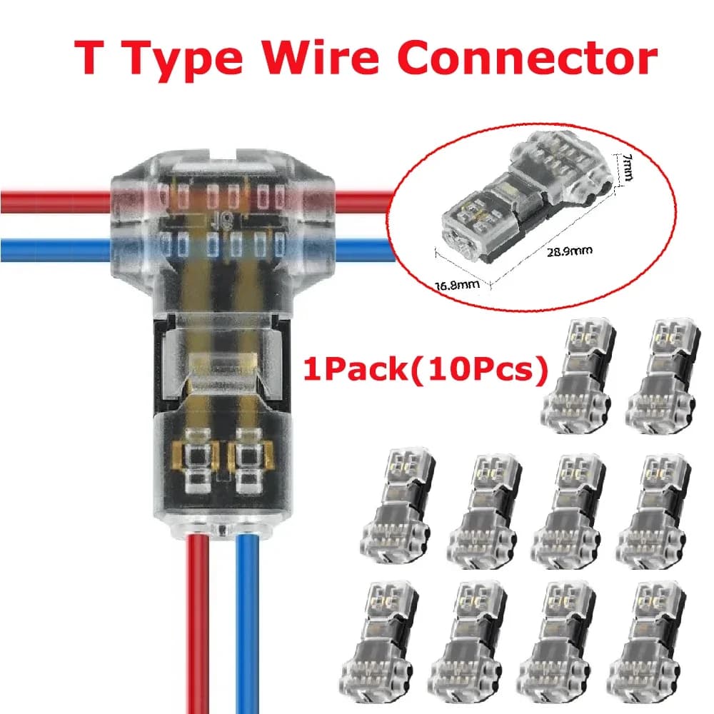 10Pcs T1 T2 Wire Connectors T-Type 2 Pin 2 Way LED Wire Connector with Locking Buckle Pluggable Universal Compact Wire