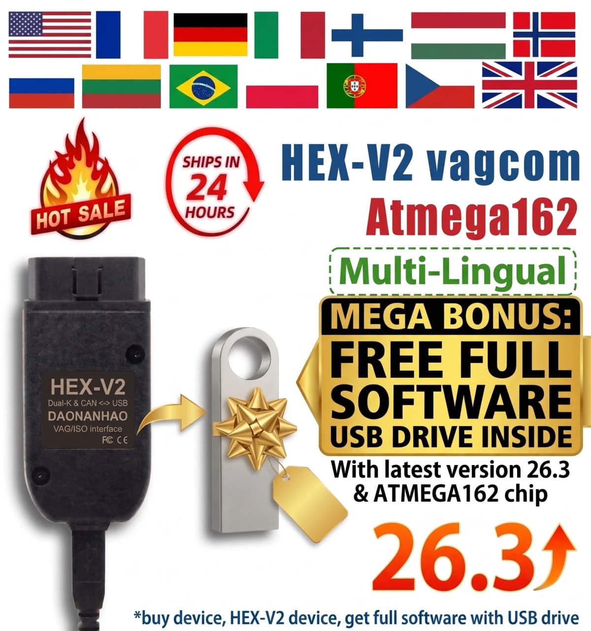 2026 VCDS 26.3 HEX V2 OBD2 Diagnostic Cable For VAG Cars Free Gift USB Drive Software Multi-Language Scanner