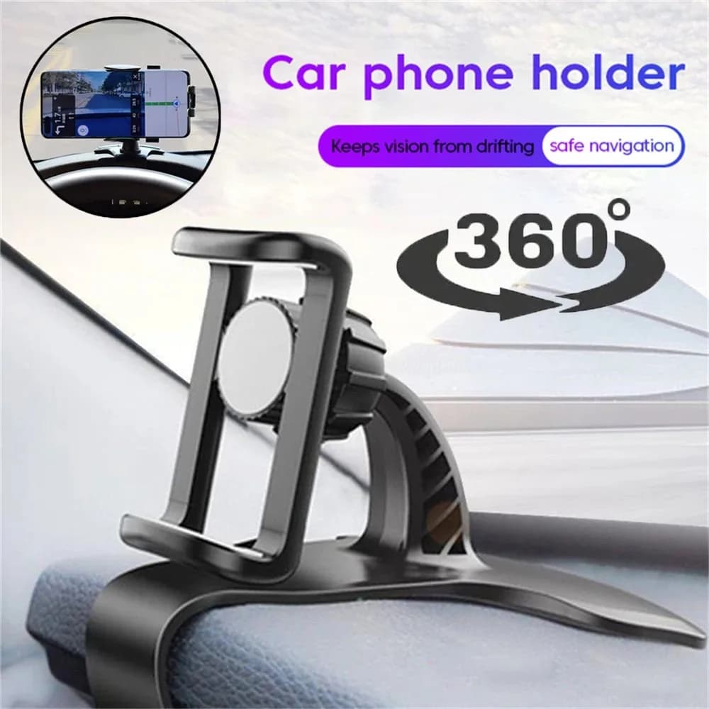 360° Rotation Car Phone Mount - Spring Clip Dashboard Holder No-Block View for 6.7 Inch Smartphones Easy To Install